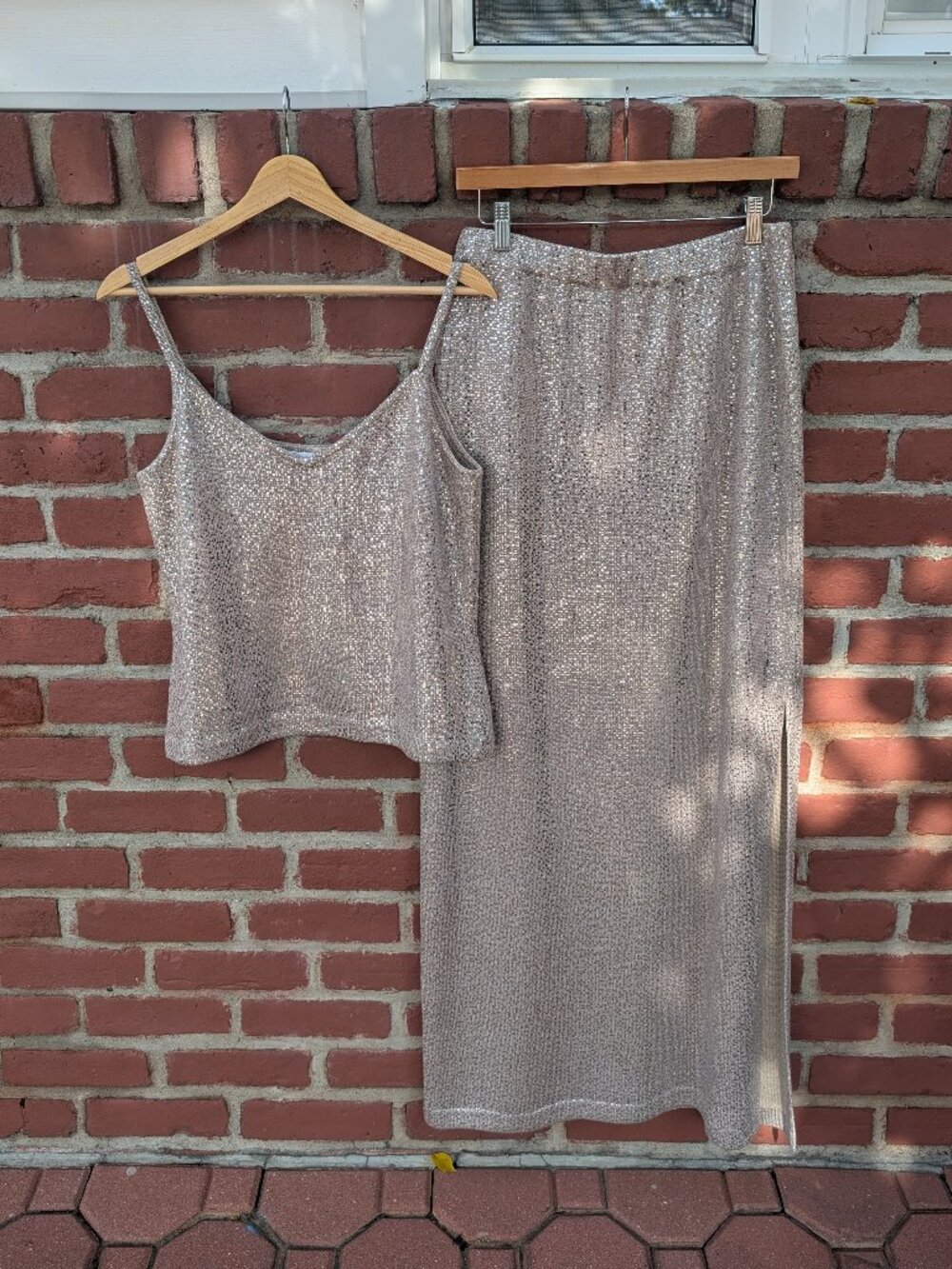 Vintage St. John Gold Shiny Set Tank Top Skirt Large Evening 90s Shimmery Silver